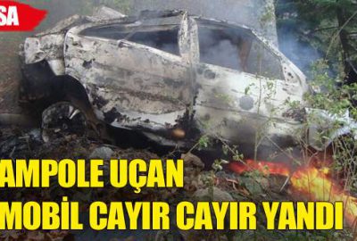 Şarampole uçan otomobil cayır cayır yandı