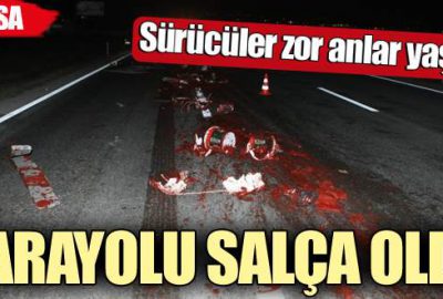 Kazada yola düşen salçalar sürücülere zor anlar yaşattı